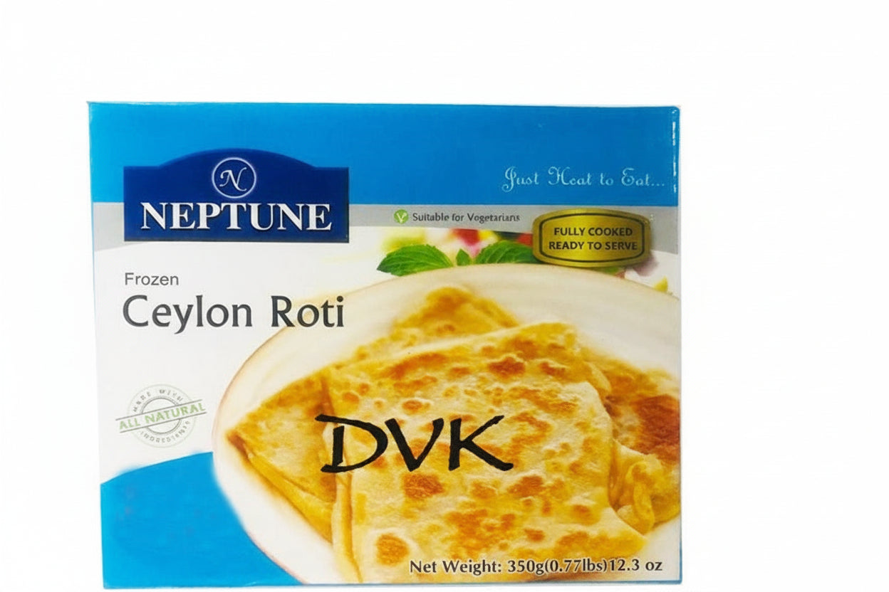 Neptune brand Ceylon Roti packaging with a picture of roti on a white plate.