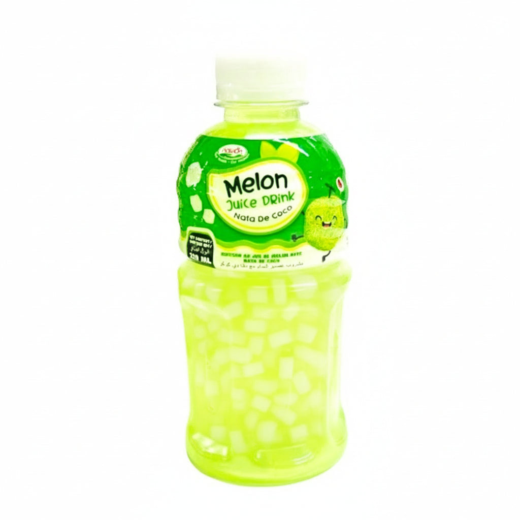 Green bottle of melon juice drink with a visible brand logo on a white background