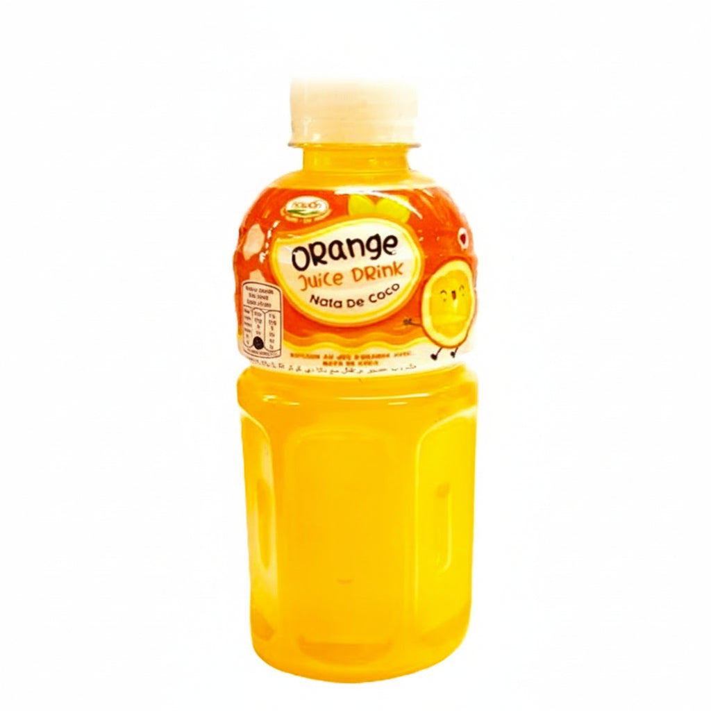 Orange juice drink bottle with a yellow label on a white background