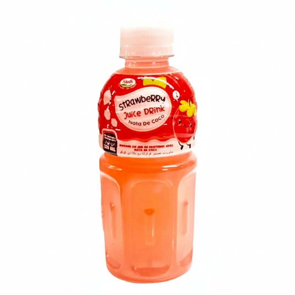 Strawberry juice drink bottle with red label on a white background