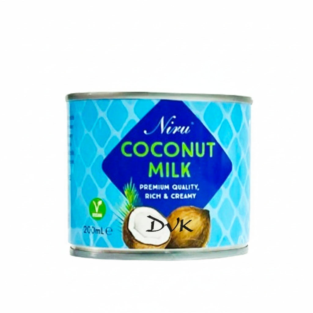 Can of Niru coconut milk with blue label on a white background