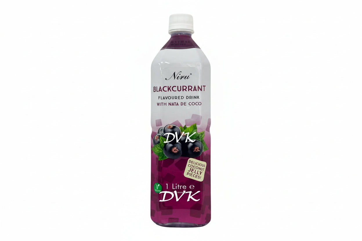 Niru Blackcurrant flavoured drink with Nata de Coco on a white background