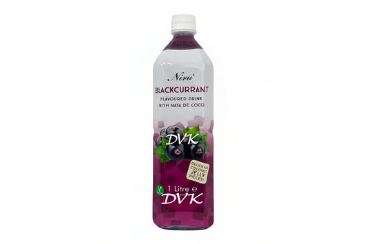 Niru Blackcurrant flavoured drink with Nata de Coco on a white background