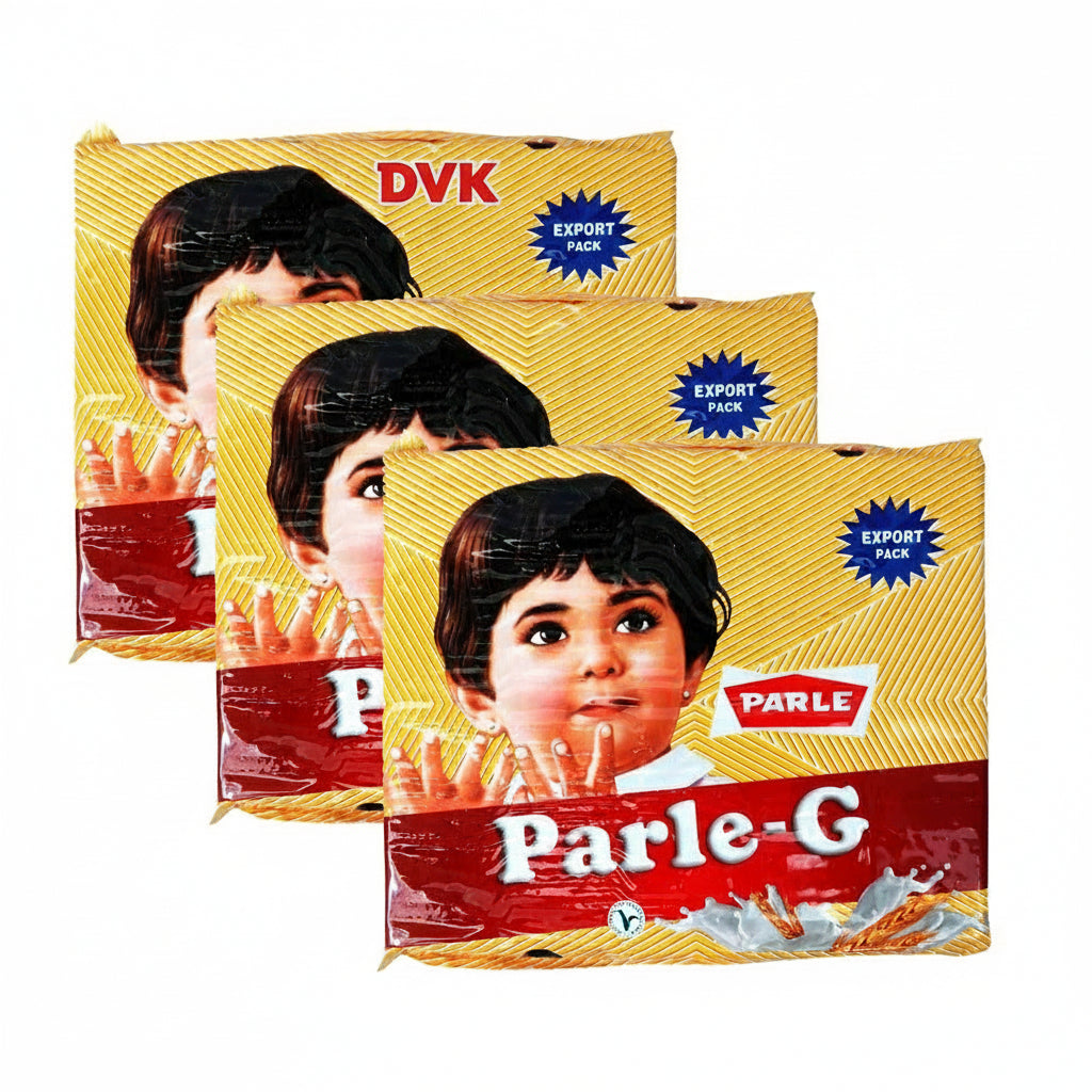 Three Parle-G packets with a child's face on the packaging against a white background
