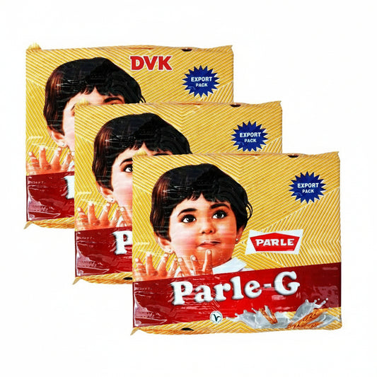 Three Parle-G packets with a child's face on the packaging against a white background