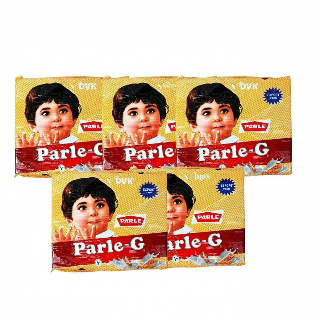 Three packages of Parle-G candy on a white background