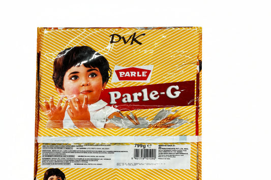 Parle-G packaging with a child's face on a yellow background