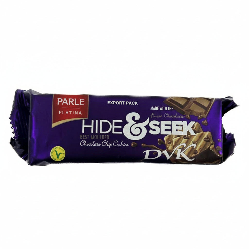 Packaged cookies with 'Hide & Seek' branding on a white background