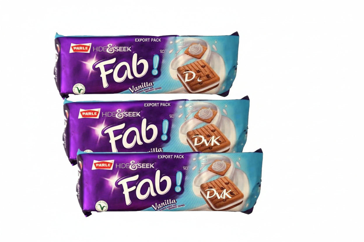 Two packages of Parle Fab Vanilla candy on a white background