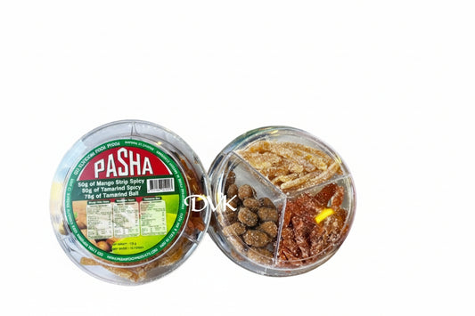 Pasha snack container with various flavors on a white background