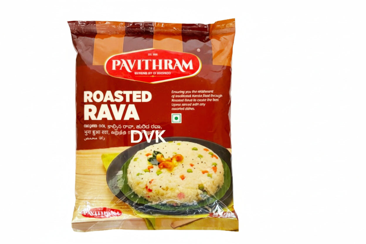 Pavithram Roasted Rava packaging with a picture of a dish on a white background