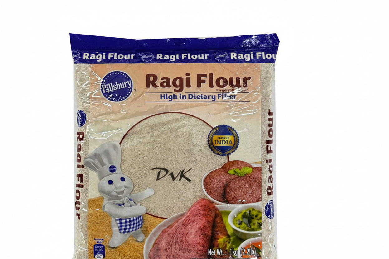 Pouch of Pillsbury Ragi Flour with branding and product details on a white background