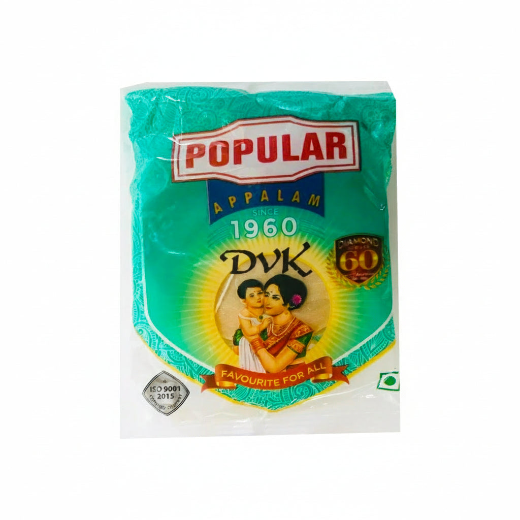 Packaged appalam with 'Popular' branding on a white background