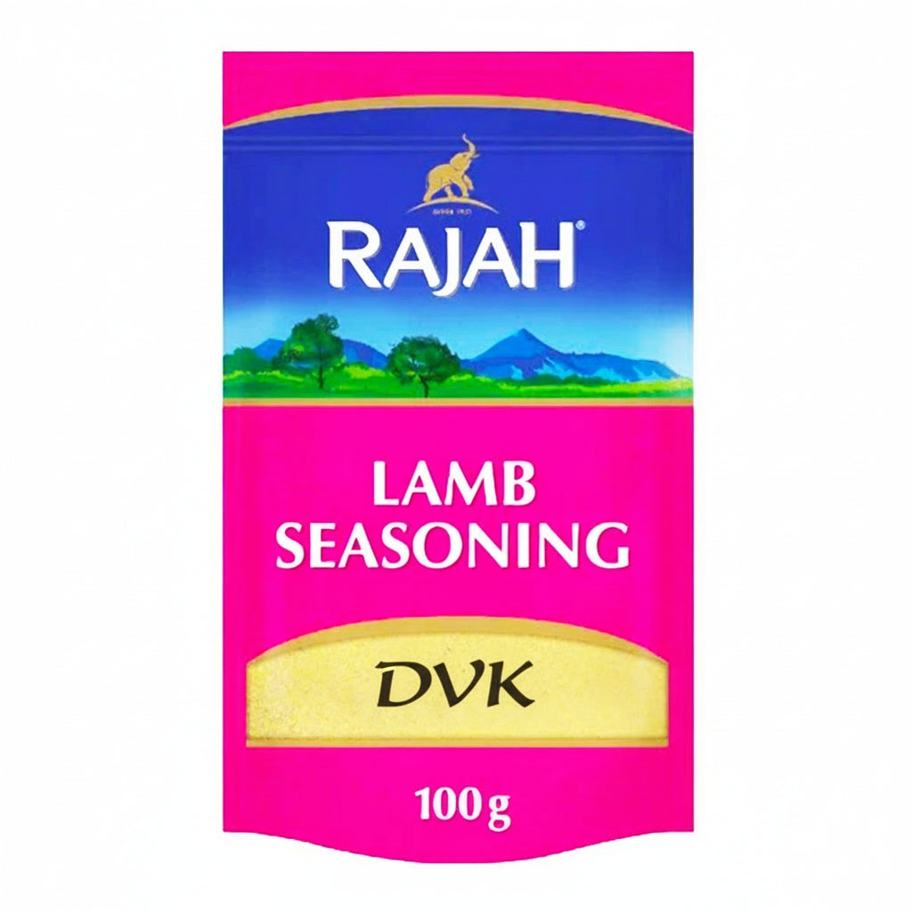 Rajah Lamb Seasoning packet with pink and blue design on a white background