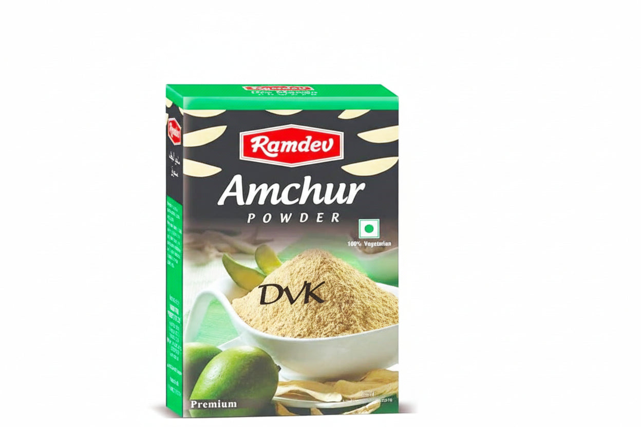Box of Ramdev Amchur Powder with green and black design