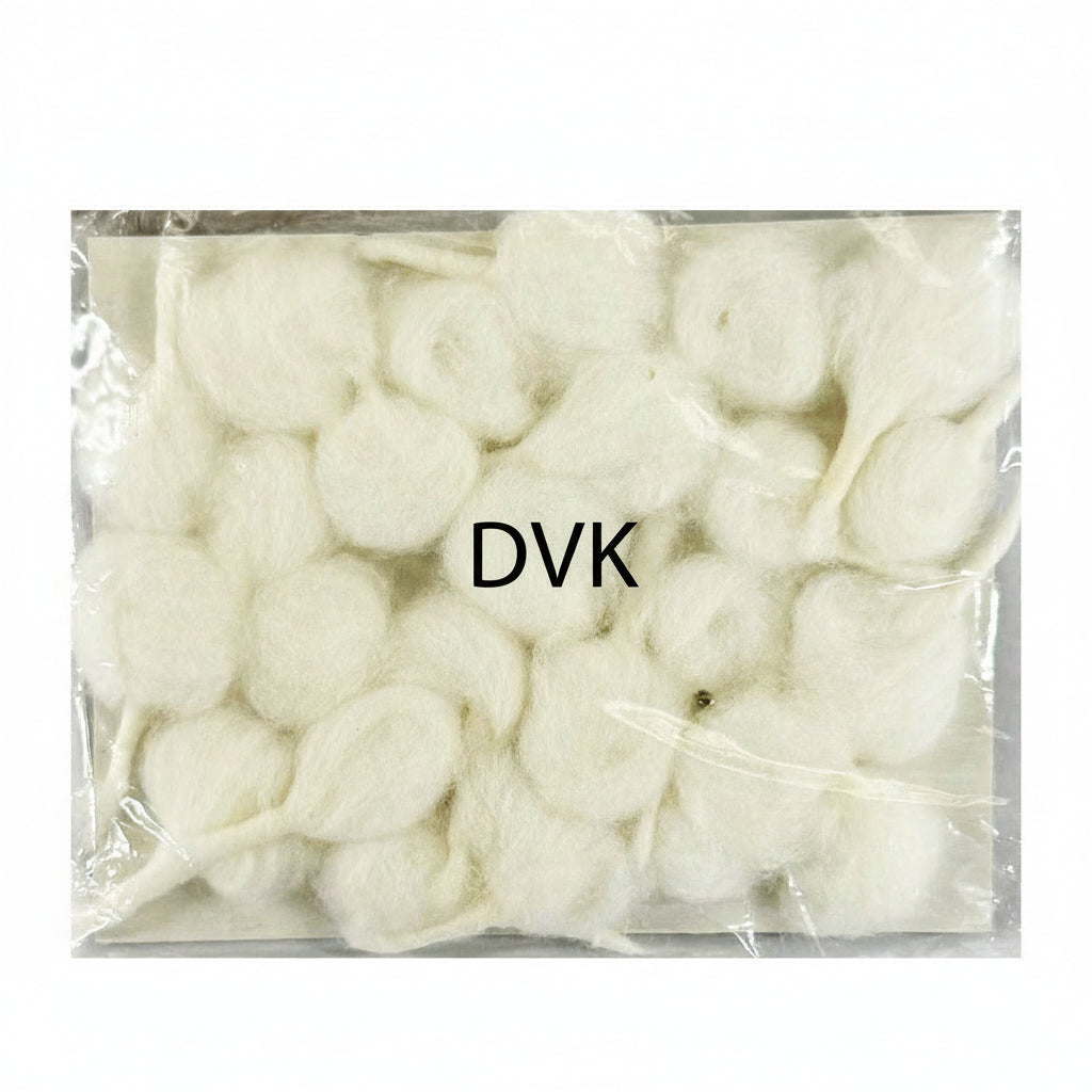 Packaged white cotton balls with 'DVK's' branding on a white background