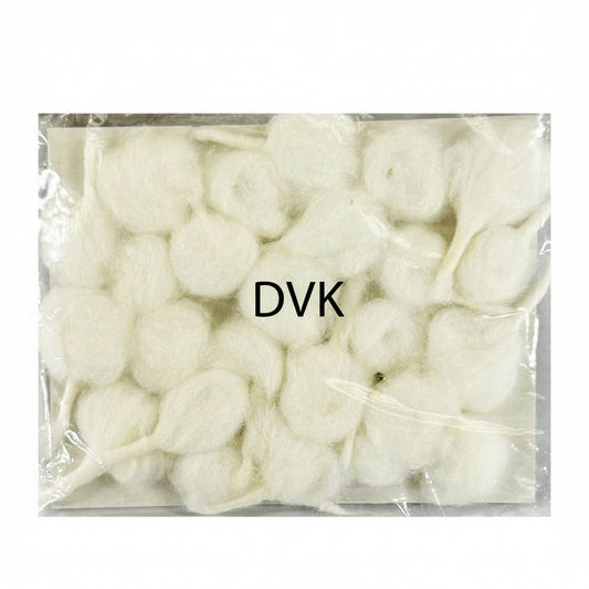 Packaged white cotton balls with 'DVK's' branding on a white background