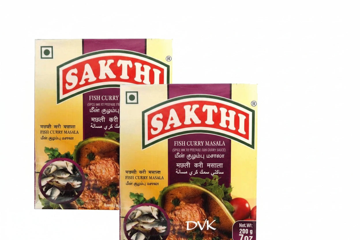 Two packages of Sakthi Fish Curry Masala on a white background