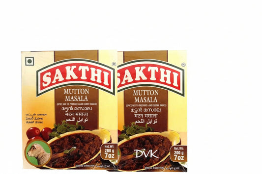 Two packages of Sakthi Mutton Masala spice mix on a white background