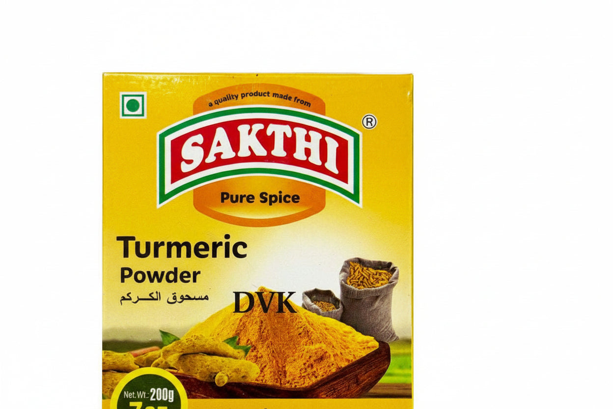Box of Sakthi Turmeric Powder with a yellow background