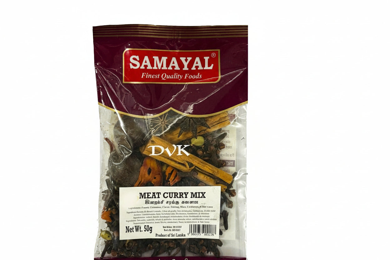 Packaged meat curry mix from Samayal on a white background
