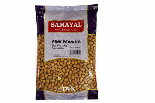 Packaged pink peanuts from Samayal on a white background
