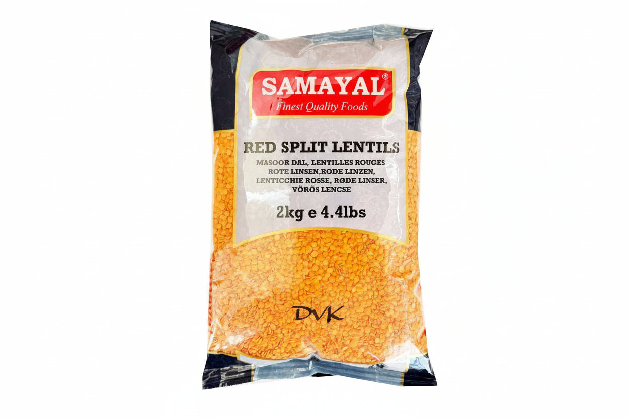 Bag of Samayal red split lentils on a white background