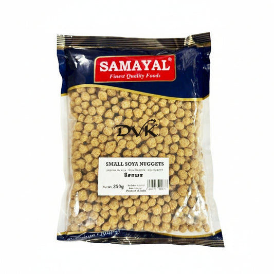 Packaged small soya nuggets with Samayal branding on a white background