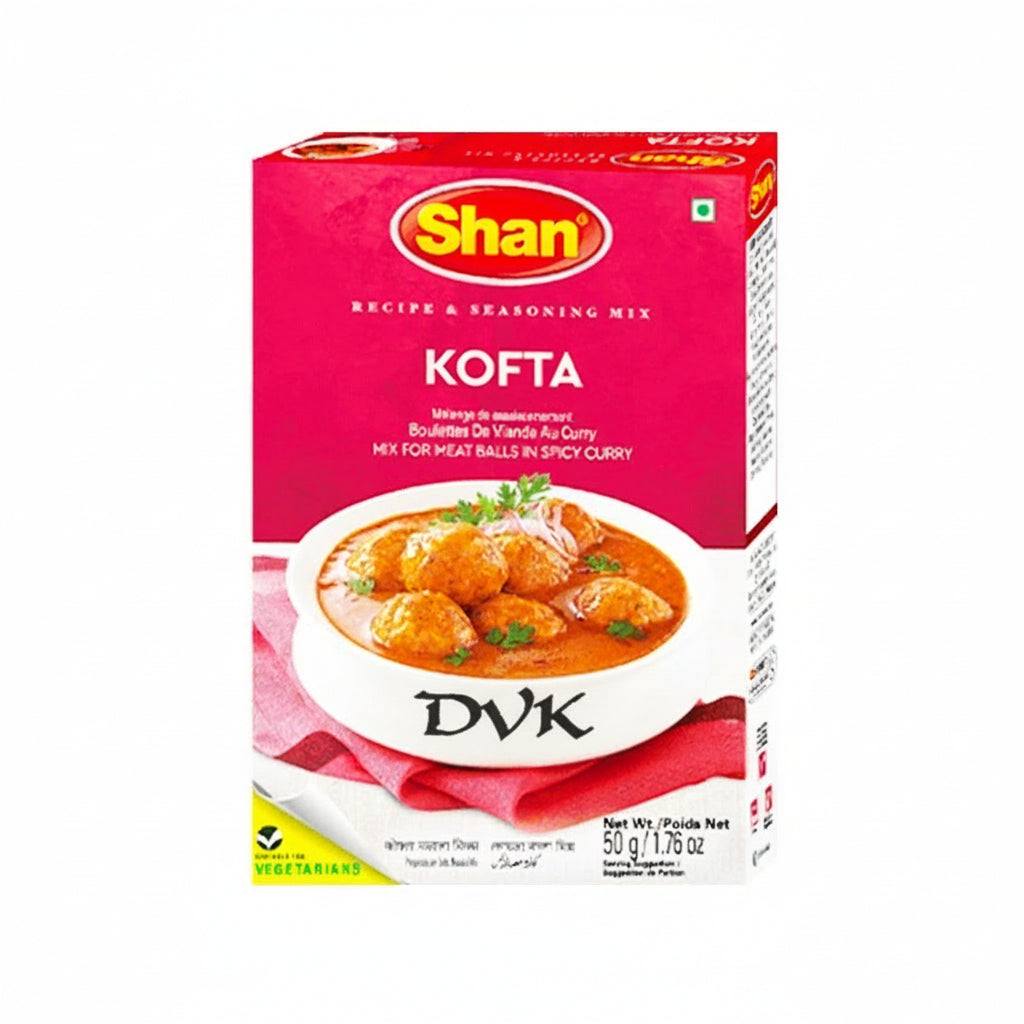 Shan Kofta recipe and seasoning mix box on a white background