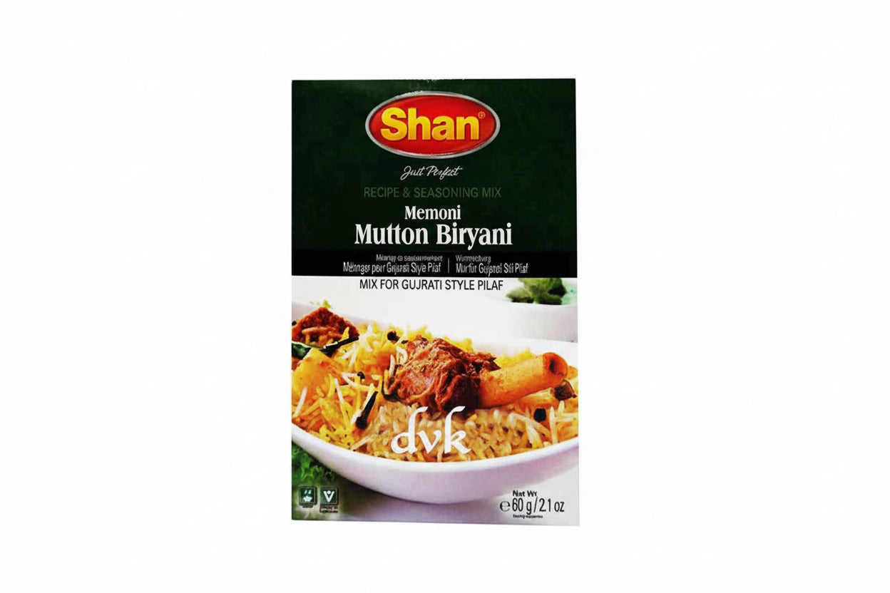 Shan Memoni Mutton Biryani seasoning mix packaging with a bowl of biryani on a white background