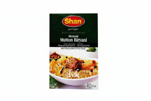 Shan Memoni Mutton Biryani seasoning mix packaging with a bowl of biryani on a white background