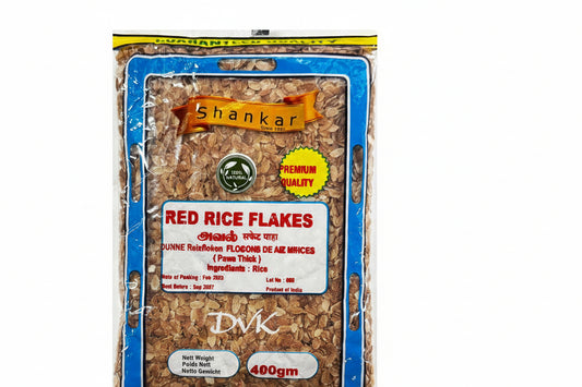 Packaged red rice flakes with 'Shankar' branding on a white background