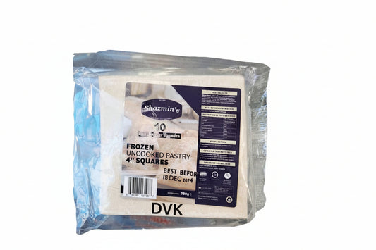 Packaged frozen uncooked pastry squares with a label on a white background