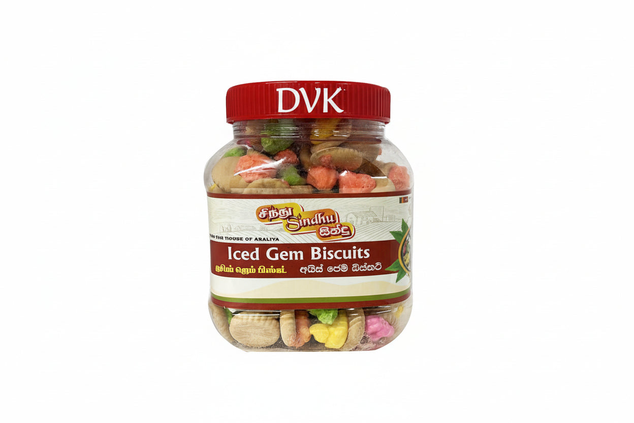 Jar of Iced Gem Biscuits with a red lid on a white background
