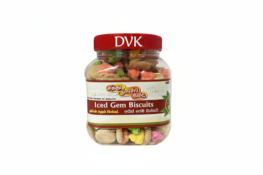 Jar of Iced Gem Biscuits with a red lid on a white background