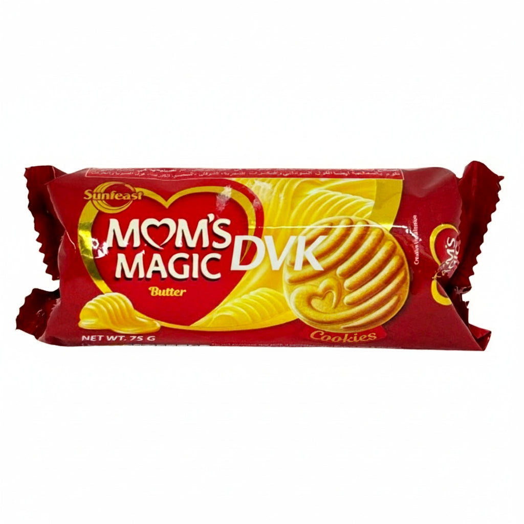 Packaged cookies with 'Mom's Magic' branding on a white background