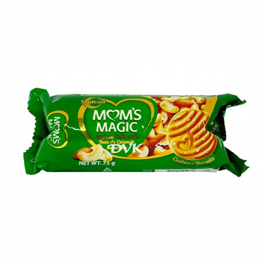Packaged cookies with 'Mom's Magic' branding on a white background