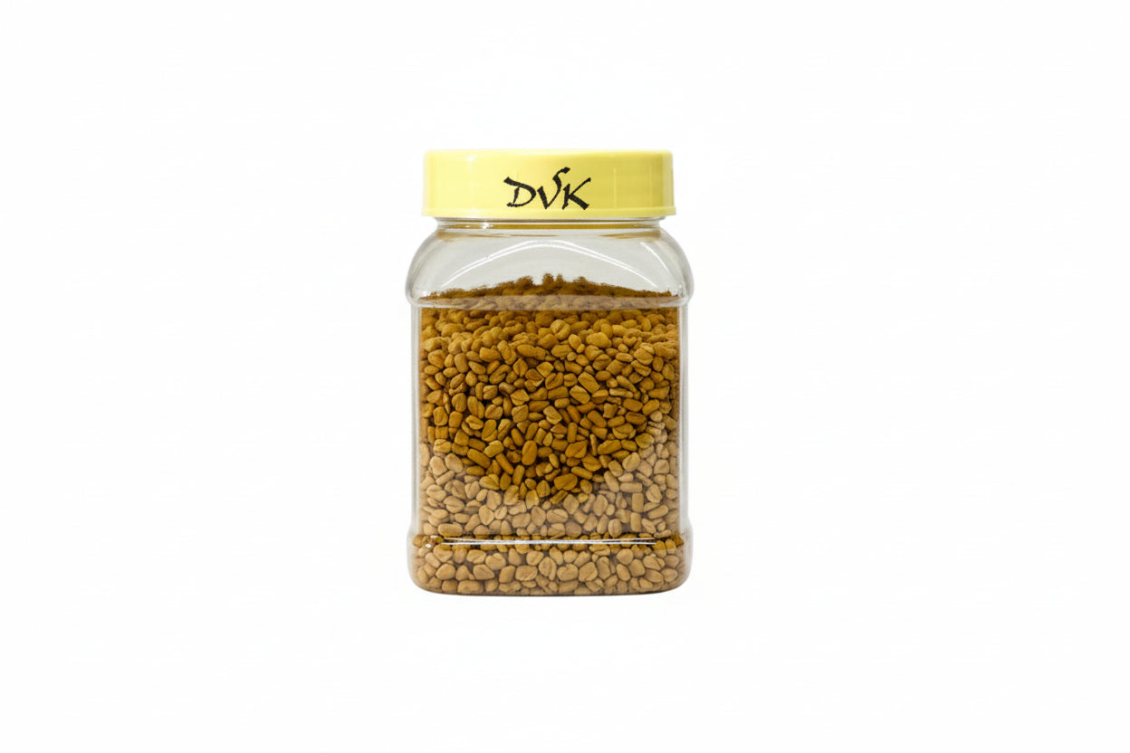 Jar of fenugreek seeds with a yellow lid on a white background