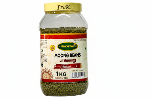 Jar of Swathi Moong Beans with a yellow lid on a white background