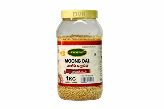 Jar of Swathi Moong Dal with a gold lid on a white background