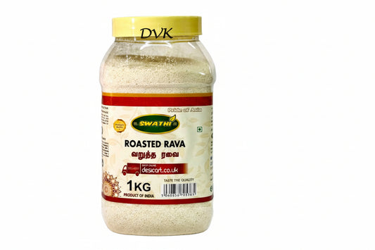 Jar of Swathi Roasted Rava on a white background