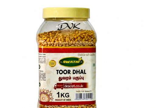 Jar of toor dhal with Swathi label on a white background