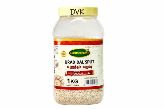 Jar of Swathi Urad Dal Split on a white background
