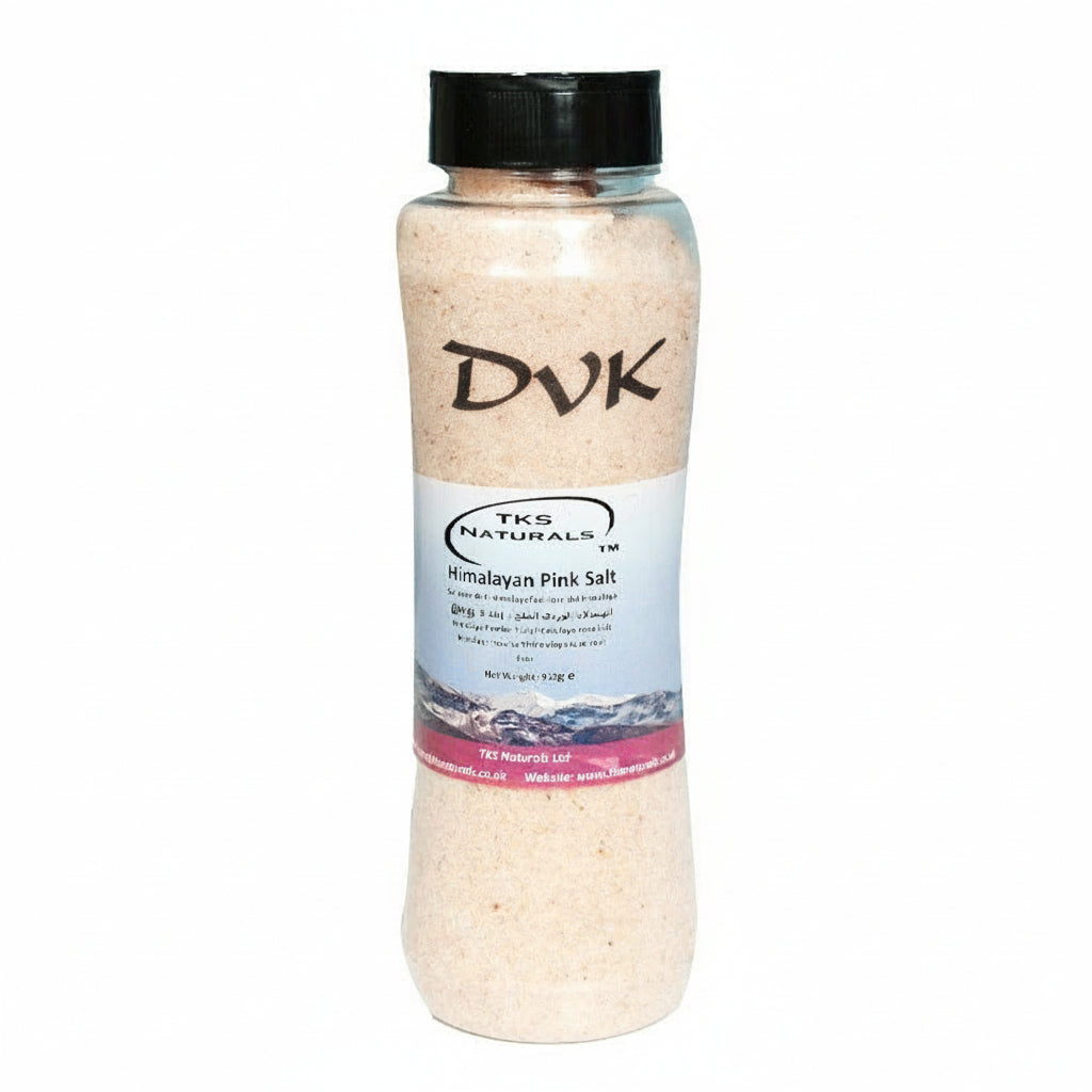 Bottle of TKS Naturals Himalayan Pink Salt with a black lid on a white background