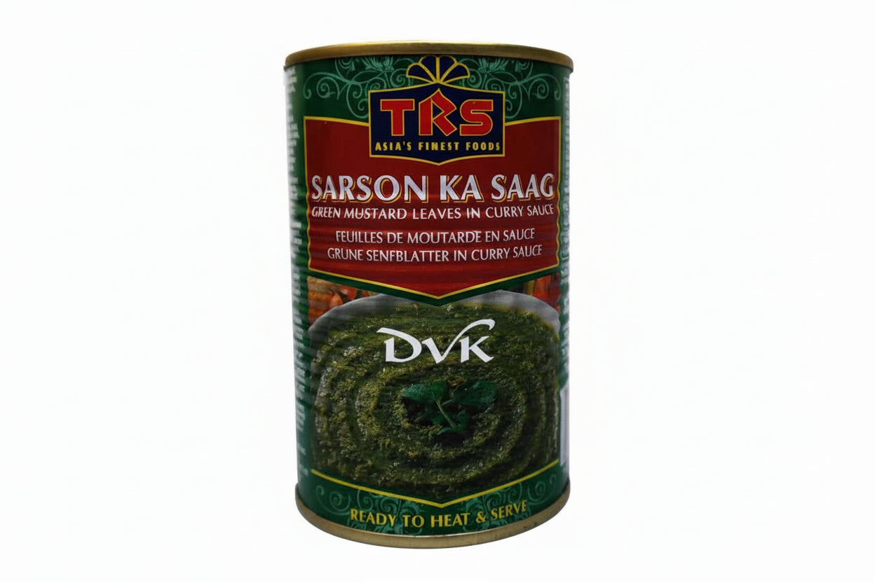 Can of TRS Sarson Ka Saag on a white background