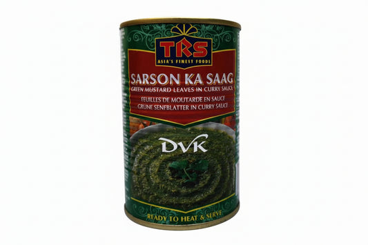 Can of TRS Sarson Ka Saag on a white background