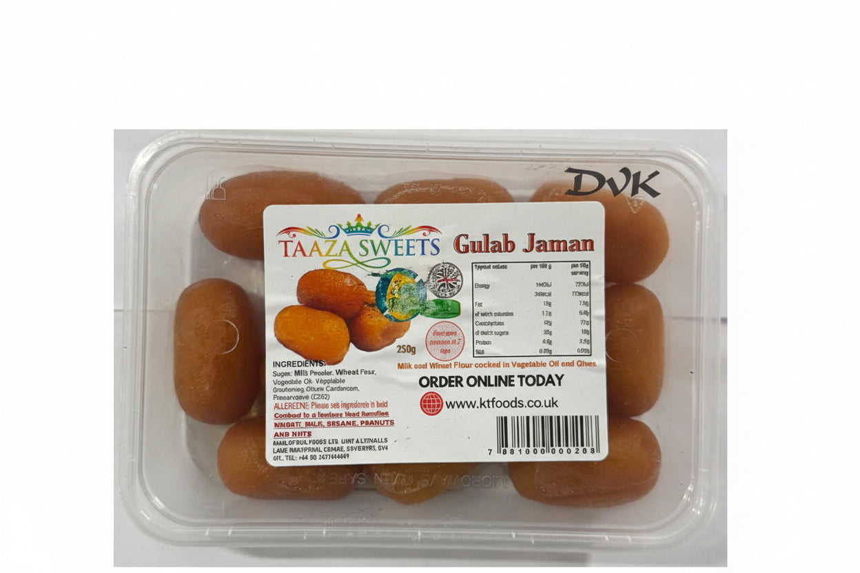 Packaged Gulab Jaman with a label on a white background