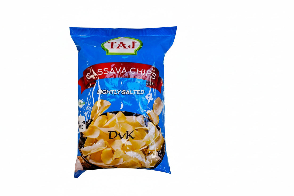 Packaged Cassava Chips with Taj branding on a white background