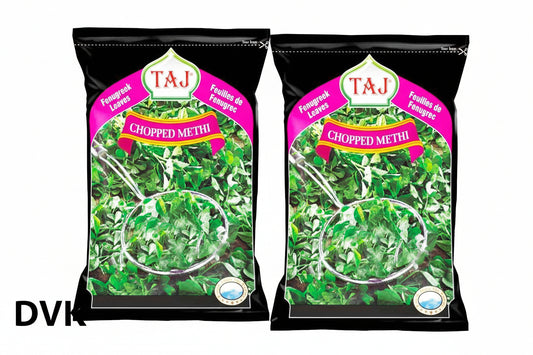 Two packages of TAJ Chopped Methi on a white background