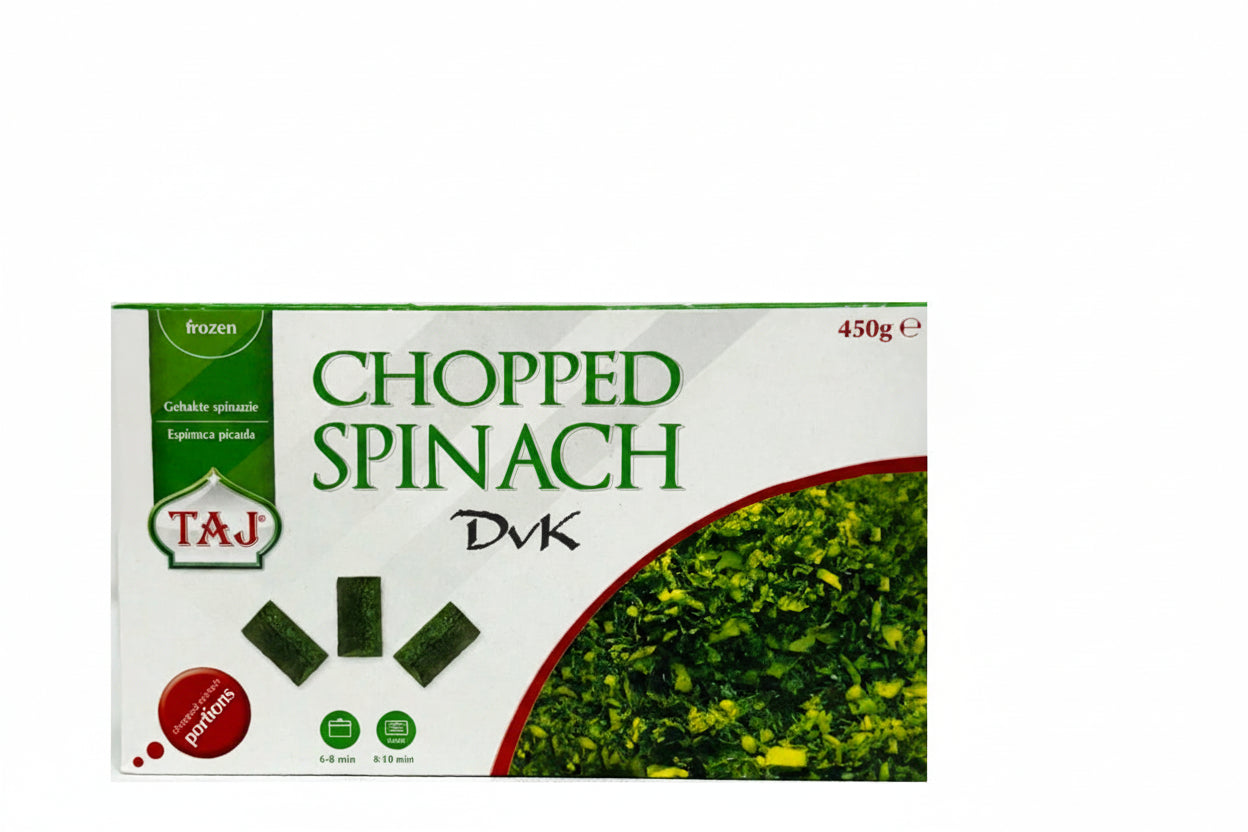 Box of TAJ Chopped Spinach on a white background